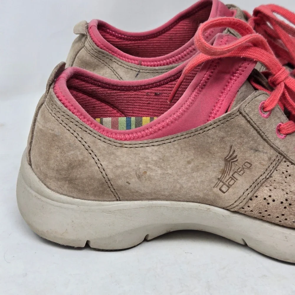 Dansko Womens Taupe Suede Pink Lace Up Comfort Walking Shoes Size 38 Slip Resist